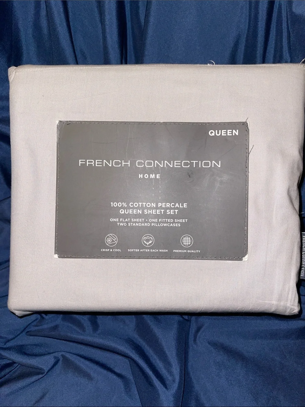 French Connection 100% Cotton Percale Queen Sheet Set - Light Gray